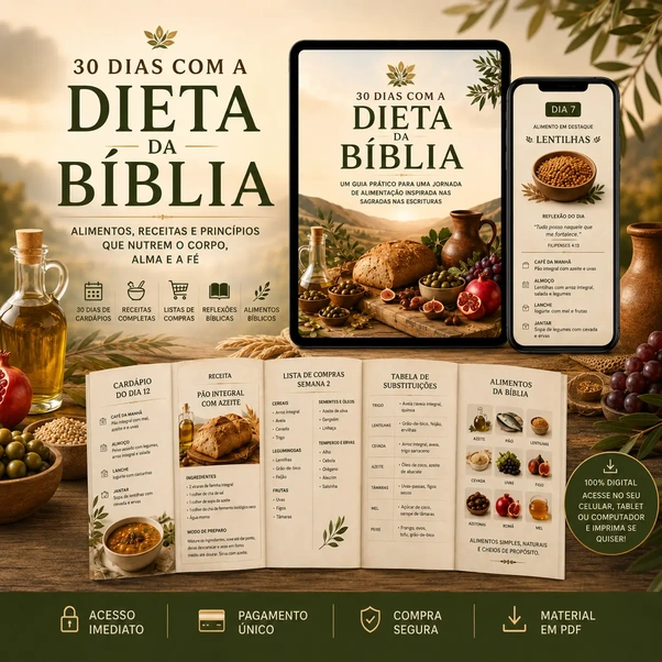 Mockup do guia 30 Dias com a Dieta da Bíblia: cardápio, receita e lista de compras