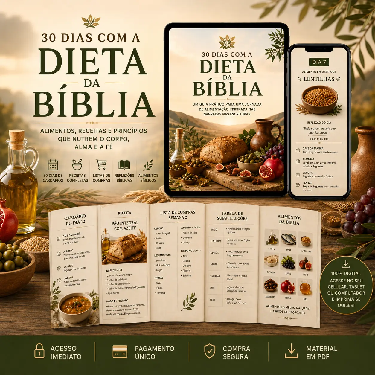 Mockup do guia 30 Dias com a Dieta da Bíblia: cardápio, receita e lista de compras